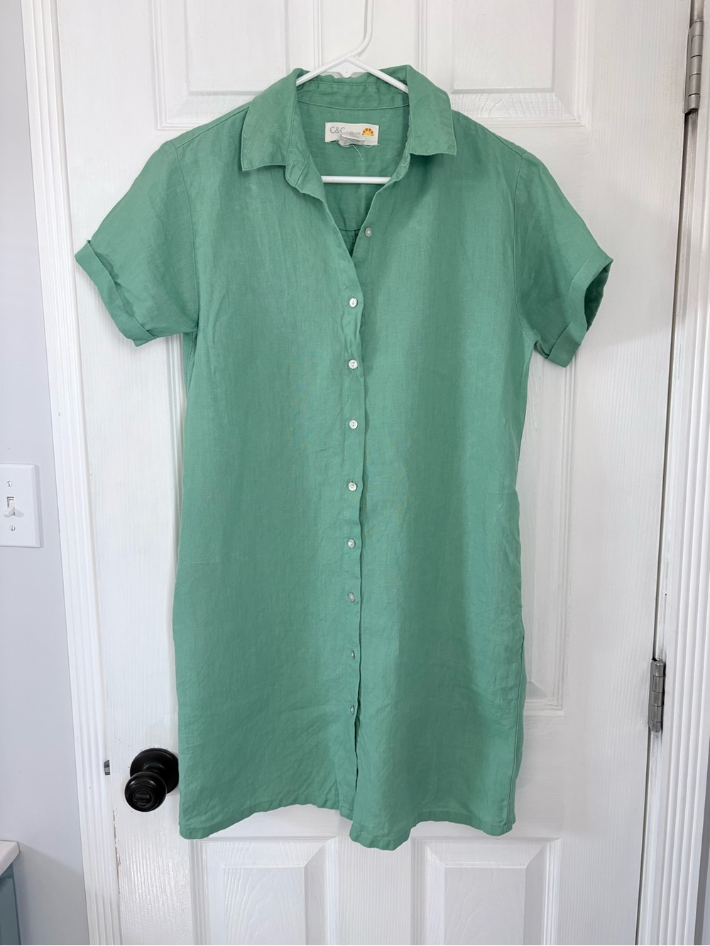 C&C California Green 100% Linen Short Sleeve Button-Up Shirt Dress
